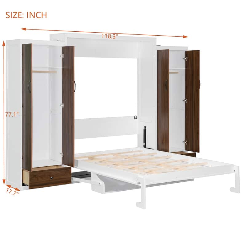 Roomfitters Full/Queen Size Murphy Bed with Closet, Table and Concealed Storage Compartments, Foldable Wall Frame