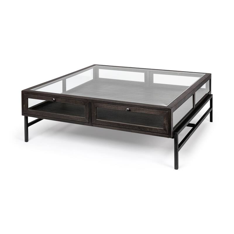 Arelius Light Brown Solid Wood w/ Black Iron Base Square Display Coffee Table