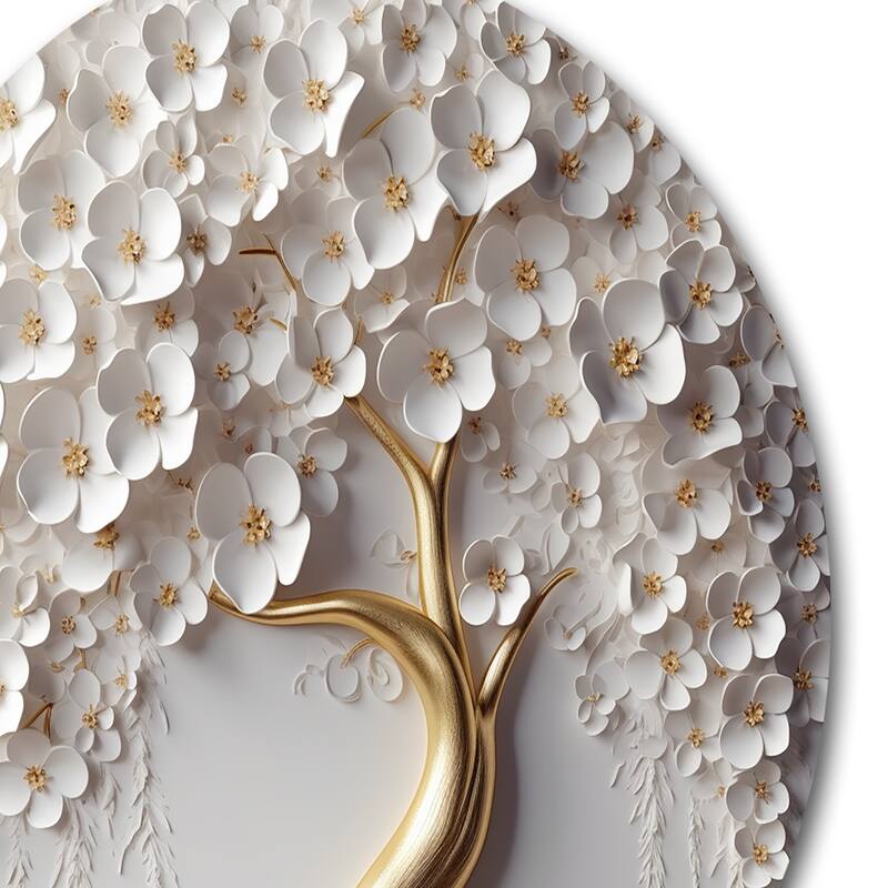 Designart "White Orchid Tree Garden Of Branches VIII" Tree Floral Metal Round Wall Art Print On Metal