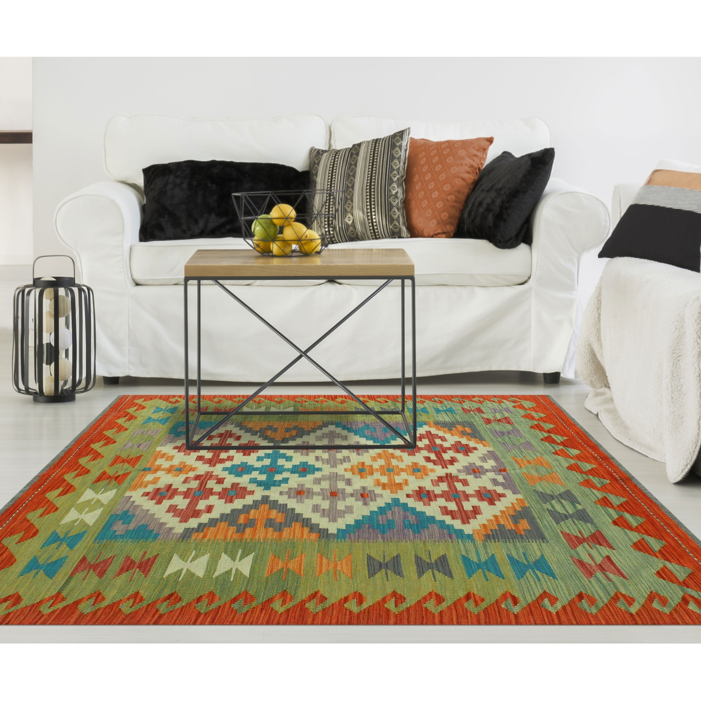 Hand-Woven Sangat Kilim Norvyn Ivory/Blue Rug - 4'4