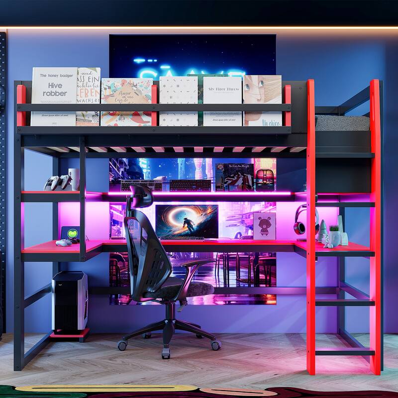 Loft Bed with Wraparound Study Hub, Side Storage Rack, USB Charging & RGB Light by Harper&Bright Designs - Red - Full