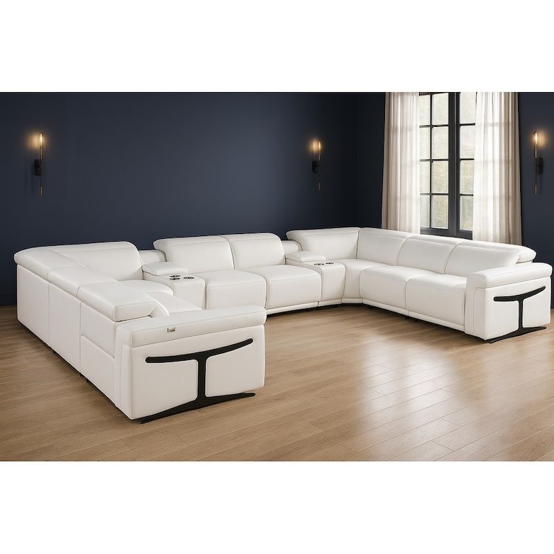 HomeRoots White Italian Leather Power Reclining U Shaped Ten Piece Corner Sectional With Console - Symmetrical - White