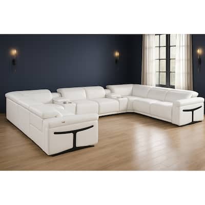 HomeRoots White Italian Leather Power Reclining U Shaped Ten Piece Corner Sectional With Console