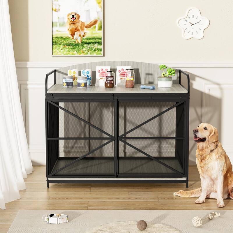 Wood Large Dog Crate Furniture with Curved Back Panel and Sliding Door, Dog Kennel Indoor End Table, Decorative Pet House - Grey