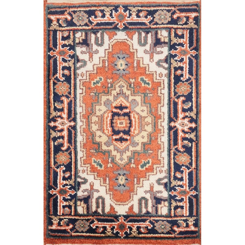 Hand Knotted Oriental 100% Wool Carpet Traditional Medallion Oranges & Rust Heriz (serapi) Area Rug - 3' 0'' X 2' 0''