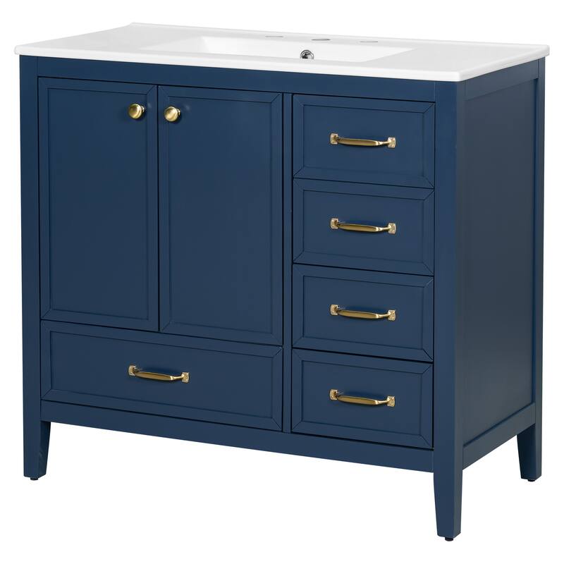 36" Bathroom Vanity with Sink, Bathroom Cabinet with Soft-Closing Door, 4 Drawers of Different Sizes, Solid Wood Frame and Leg