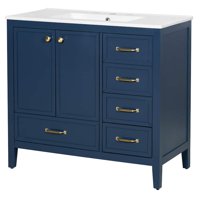 Single Sink Bathroom Vanity Cabinet with 4 Drawers, Cabinet Base & Ceramic Basin Set, 36 Inch