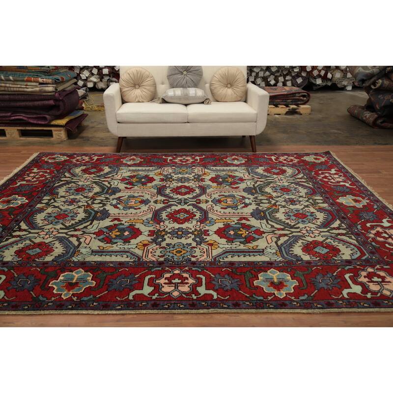 Hand Knotted Oriental 100% Wool Carpet Transitional Geometric Green Oushak Area Rug - 9' 11'' X 7' 11''