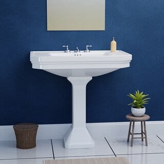 White Porcelain Large Pedestal Bathroom Sink Wall Mounted Sink with Faucet Hole and Overflow (Set of 2) Renovators Supply