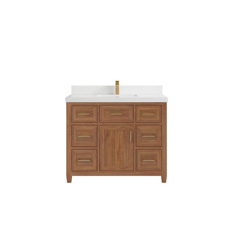 Willow Collections 42 in. W x 22 in. D Santa Monica Teak Single Sink Bathroom Vanity with Countertop - 2”White Quartz - Dark Natural Teak
