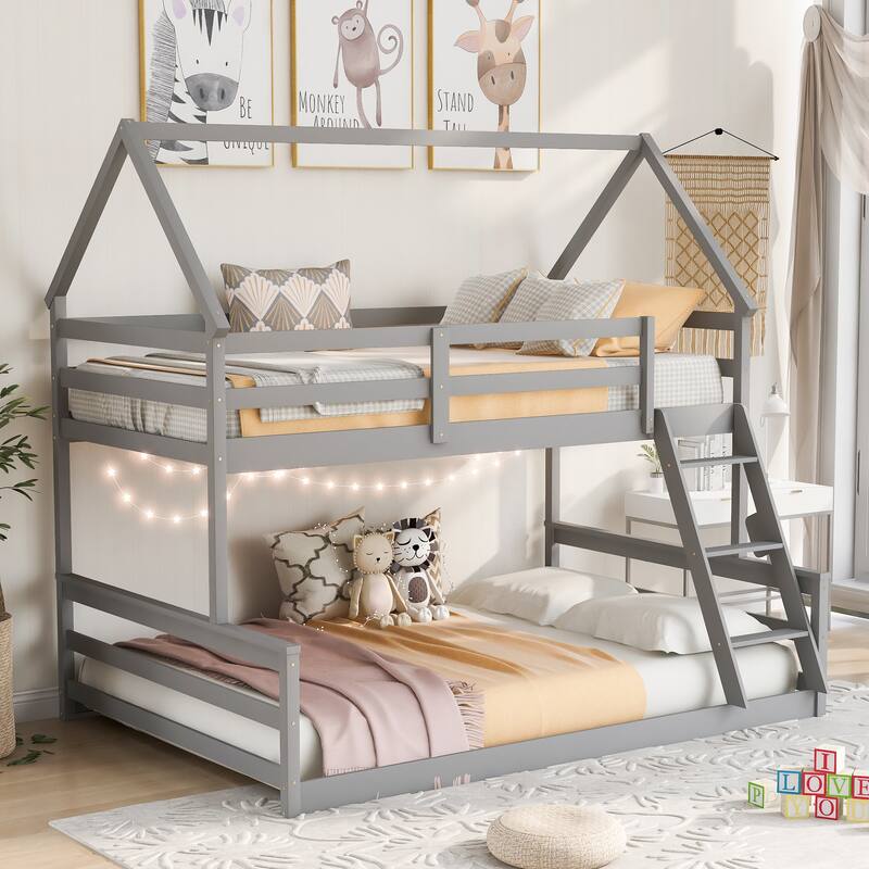 Roomfitters Twin Over Full House Bunk Bed with Built-In Ladder, Playhouse Roof