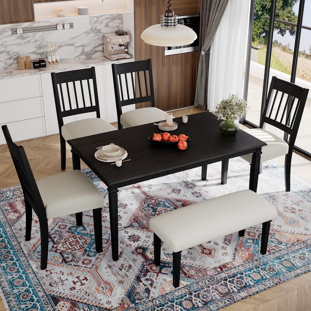 7-Piece Dining Table Set, Extendable Wood Dining Table with Removable Leaf, Kitchen Table Set with Upholstered Chair