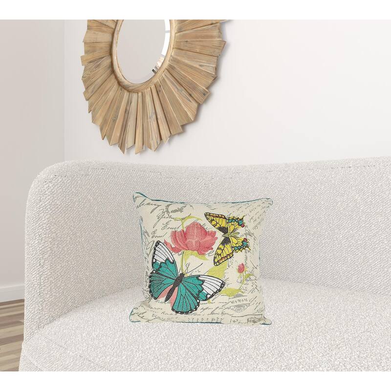 18"x18" Beige and Aqua Butterfly Linen Blend Floral Zippered Pillow
