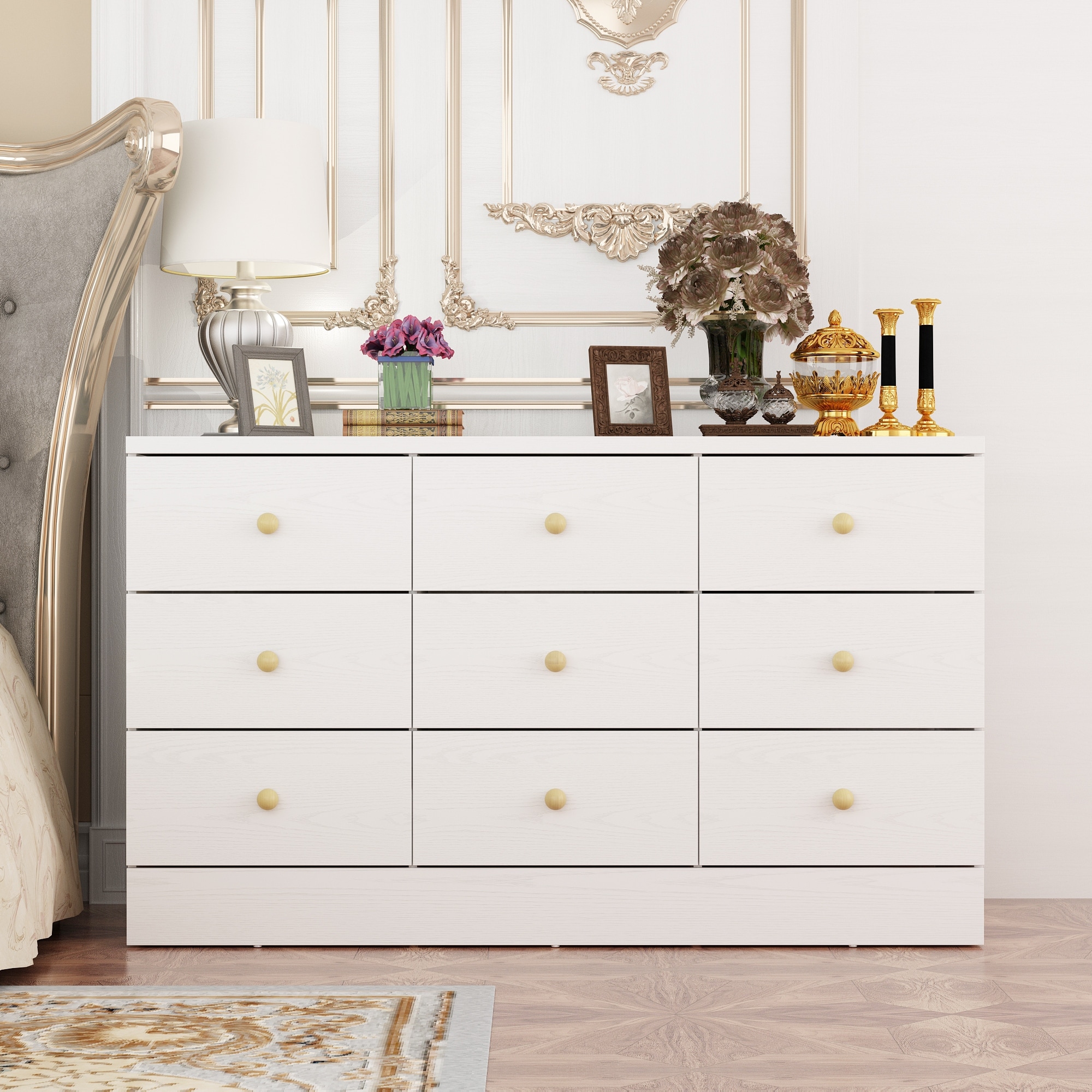 9-Drawer White Dresser with Gold Knobs – Modern Storage Solution