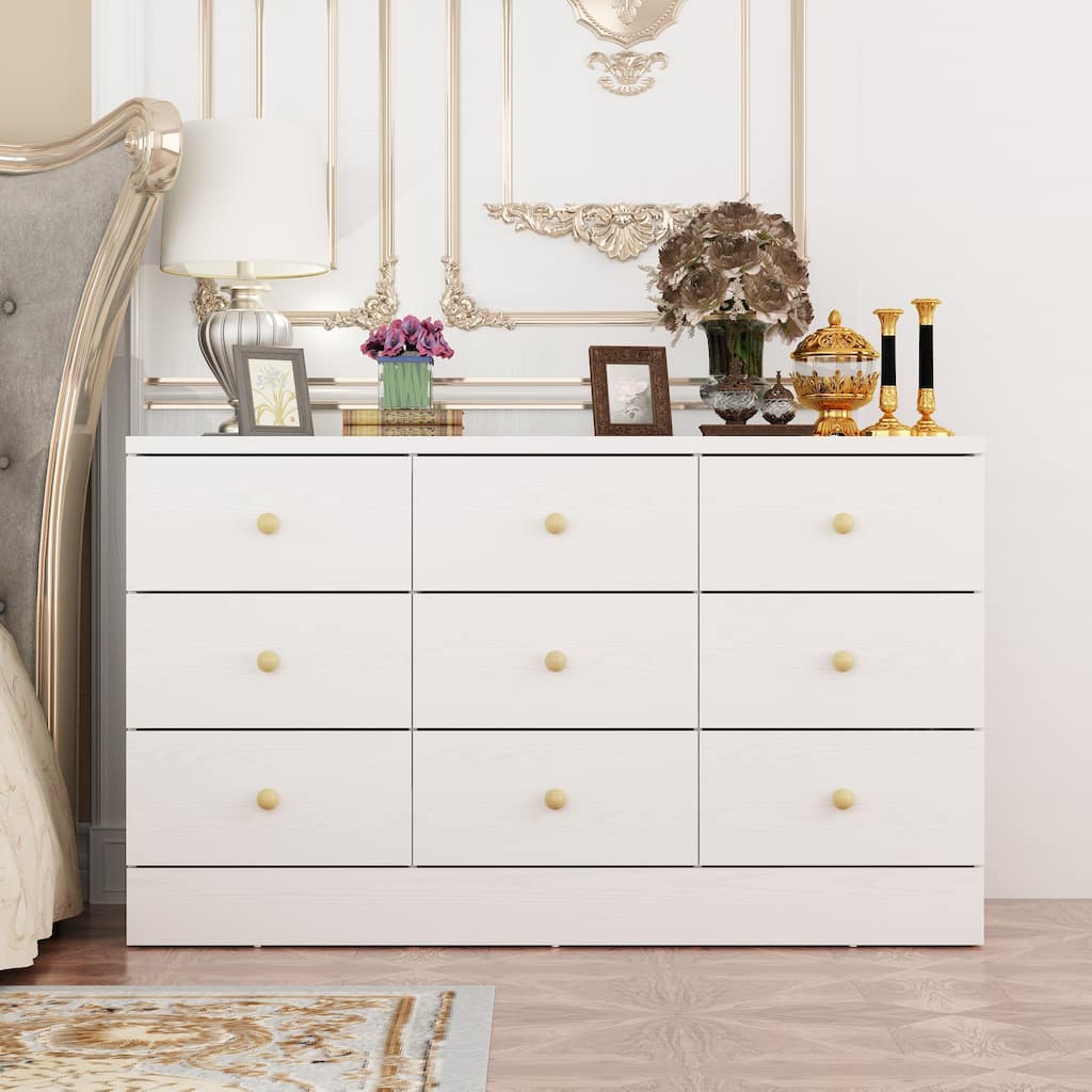 9-Drawer White Dresser with Gold Knobs – Modern Storage Solution