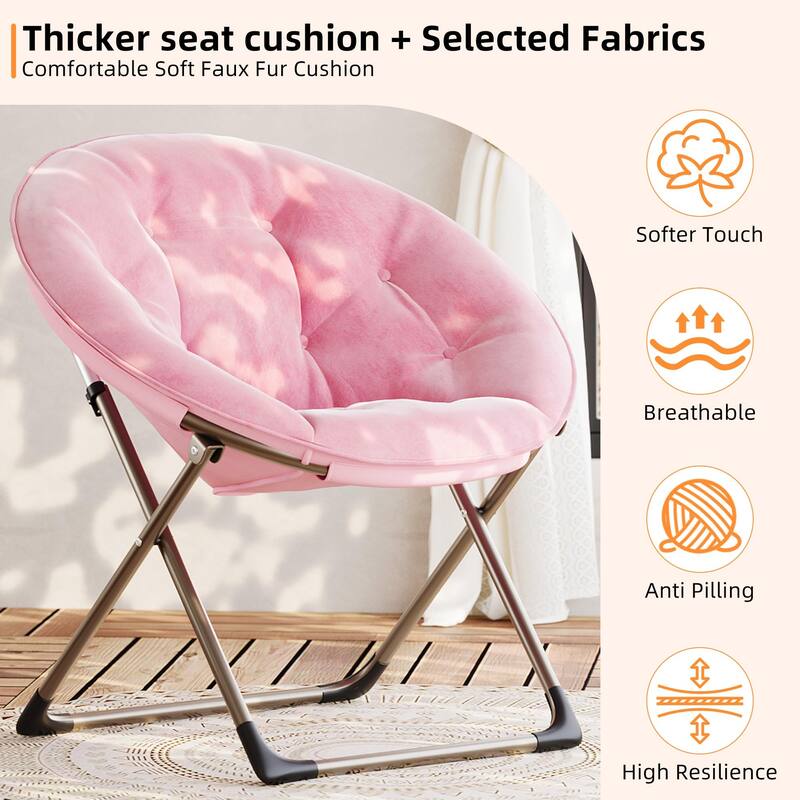 Comfy Folding Saucer Chair for Bedroom, Faux Fur Lounge Moon Chair with Sturdy Metal Frame, Oversized Plush Flower