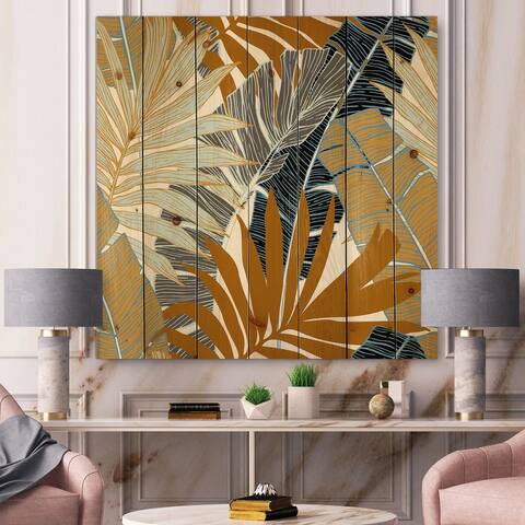 Designart 'Abstract Tropical Summer Palm Tree & Banana Leaves' Modern Print on Natural Pine Wood