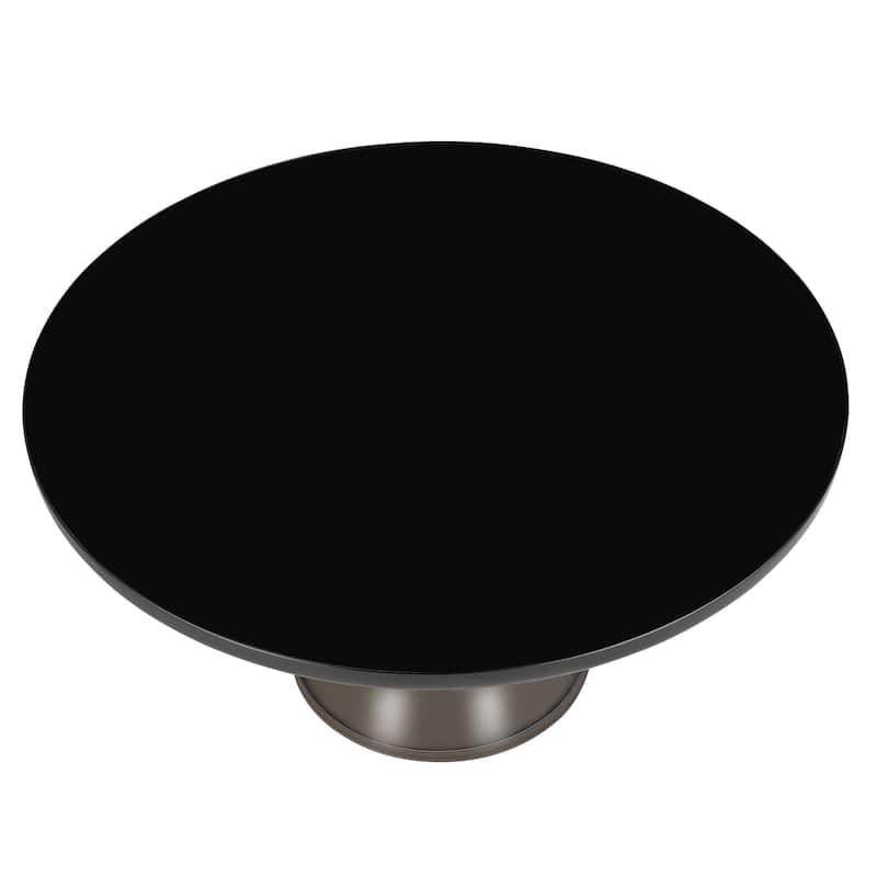 30-Inch Round Coffee Table Glass/Stone Tabletop with Black Iron Rim Frame Glass Pedestal Base