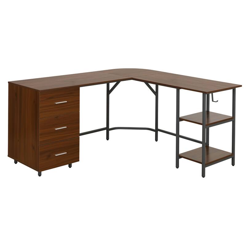 L-Shape Home Office Two Tone Desk with Storage, Walnut