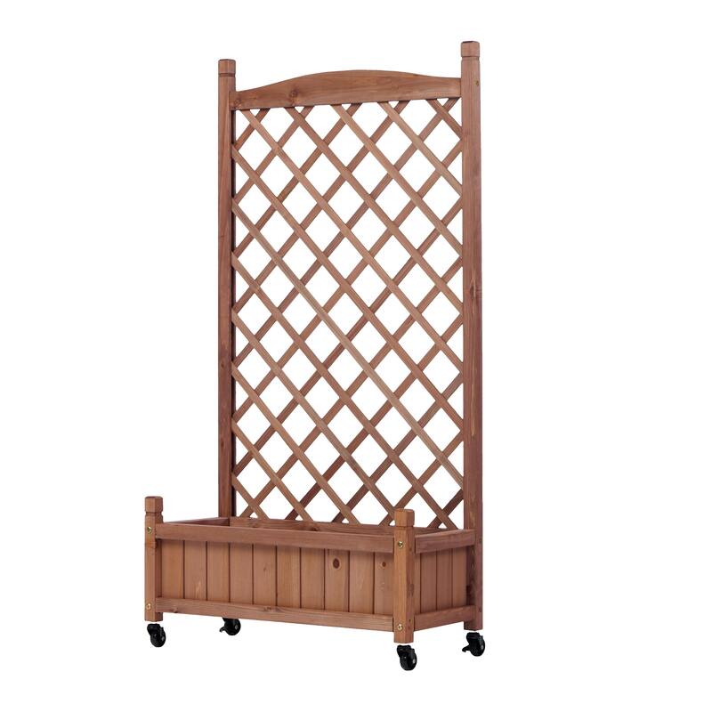 Set of 2 Portable Wood Planter Garden Bed with Wheels Drainage Trellis