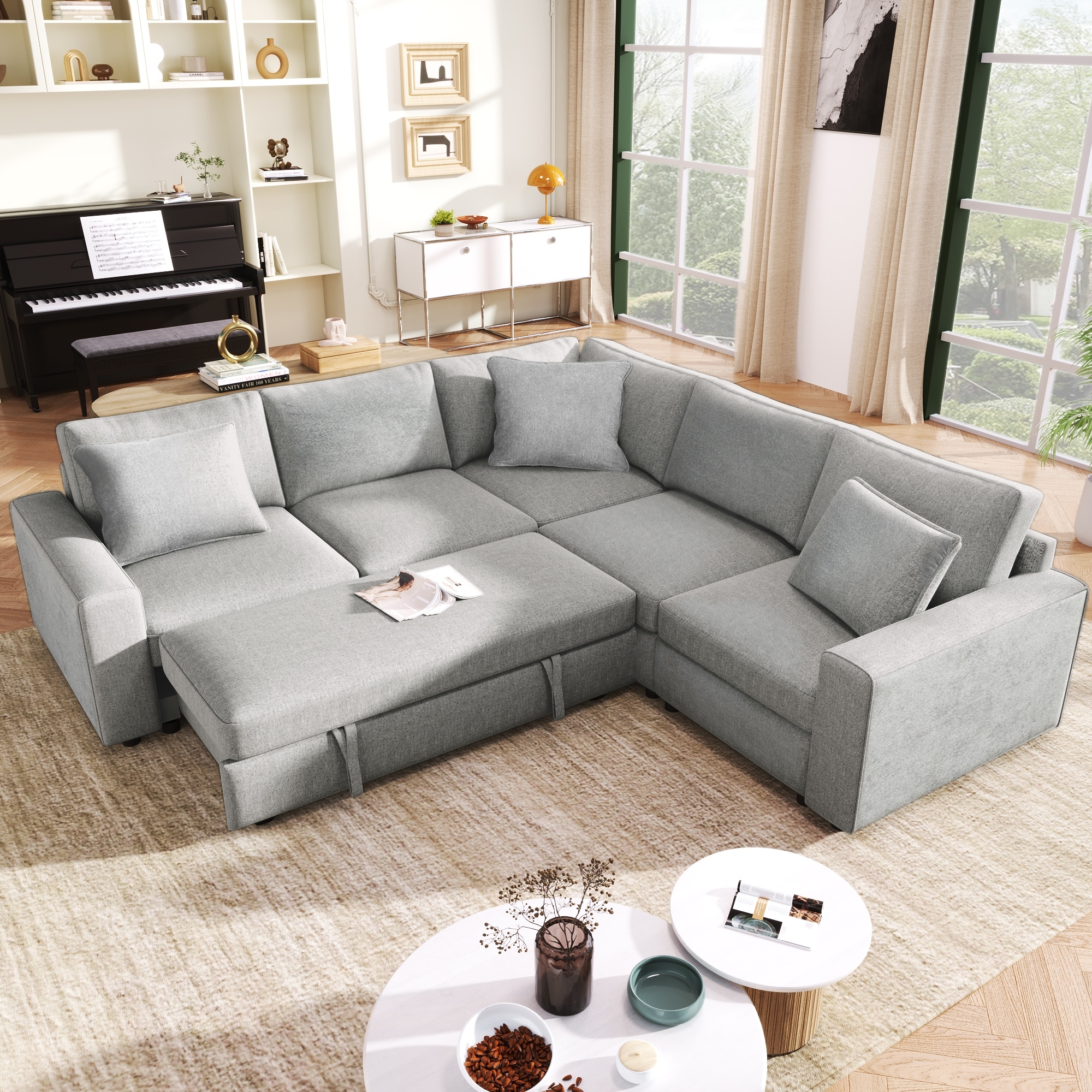 L-shape Sectional Lazy Corner Recliner Sofa w/ Pull Out Couch