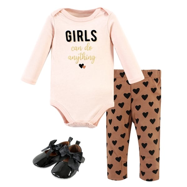 slide 1 of 1, Hudson Baby Infant Girl Cotton Bodysuit, Pant and Shoe Set, Cinnamon Hearts Long Sleeve 0-3 Months - Cinnamon Hearts Long Sleeve