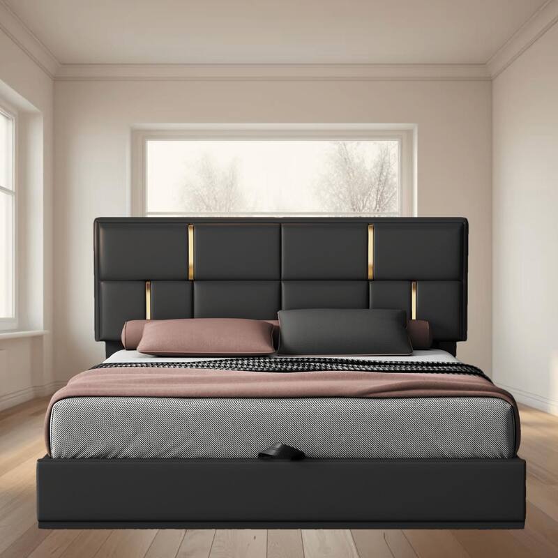 Queen Size Upholstered Platform Bed with Hydraulic Storage System, Sturdy MDF Frame, No Box Spring Needed for Maximum Space - Black - Queen