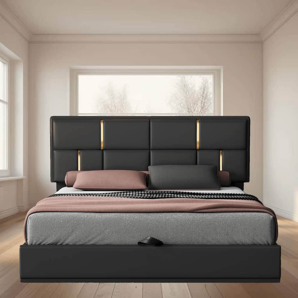 Queen Size Upholstered Platform Bed with Hydraulic Storage System, Sturdy MDF Frame, No Box Spring Needed for Maximum Space