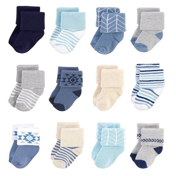 slide 1 of 1, Hudson Baby Infant Boy Cotton Rich Newborn and Terry Socks, Blue Gray Aztec 0-6 Months - Blue Gray Aztec