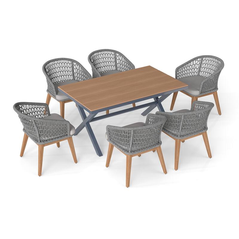 Outdoor 7-Piece Dining Chair with Rope-woven Backrest and Table Set