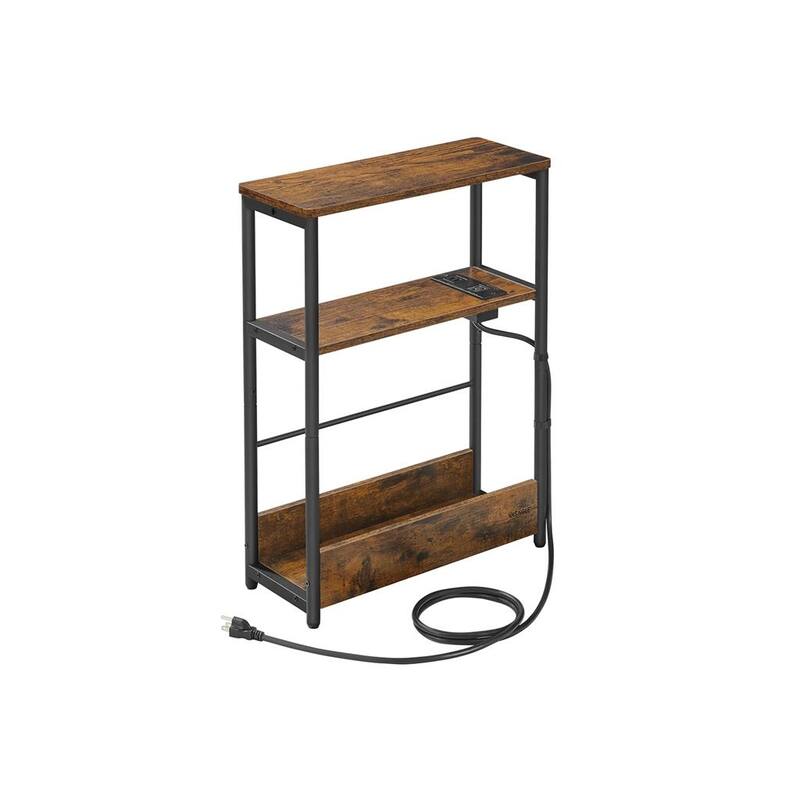 Space-Saving End Table with 3 Storage Shelves and Built-In Charging Station and Stable Steel Frame - 7.1"D x 17.7"W x 22.8"H - Rustic-Brown