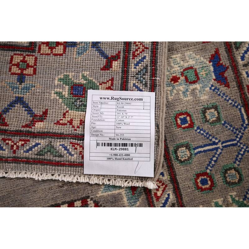 Geometric Kazak Runner Rug Handmade Hallway Wool Carpet - 2'7" x 12'10"