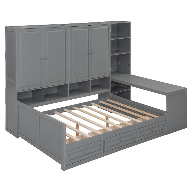 Wooden Daybed Frame All-in-One Bookcase Captains Bed with Storage Cabinet, Wardrobe, Side Writing Desk and 3 Bottom Drawers