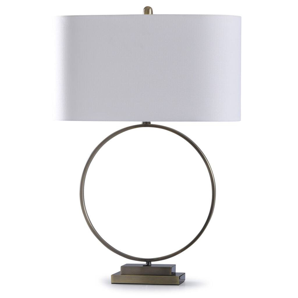 StyleCraft Antique Brass Open Circular Table Lamp with Step Pedestal and White Oval Shade
