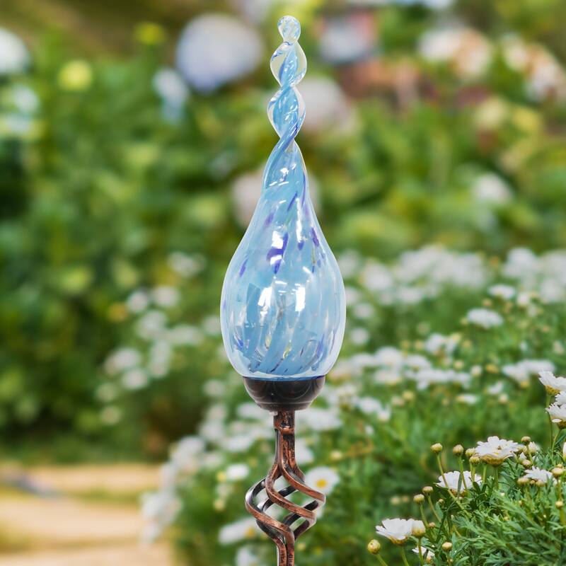 Exhart Solar Pearlized Hand Blown Glass Twisted Flame Garden Stake with Metal Finial Detail, 36 Inch