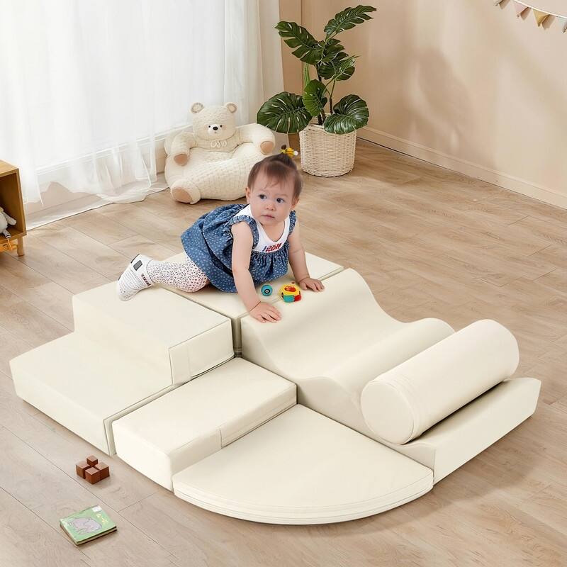 Soft Climb and Crawl Foam Playset 6 in 1, Kids Crawling and Climbing - Beige