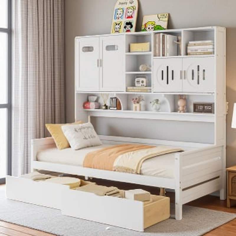 Twin Size Wooden Daybed with 2 Storage Drawers, All-in-One Cabinet and Shelf - White