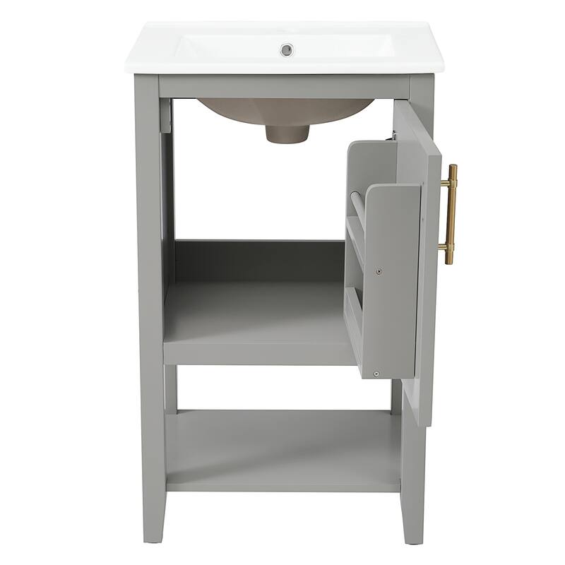 20" Bathroom Vanity with Sink, Soft Closing Door, Storage Rack & Open Shelf - Modern Grey Freestanding Cabinet