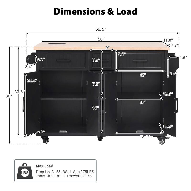 Kitchen Island With Drop Leaf,Power Outlet,With 4 Doors,5 Deep Drawers and Adjustable Shelves - N/A