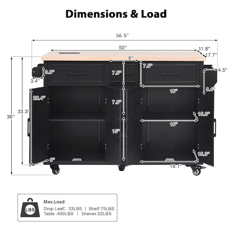 Petw MDF Rolling Kitchen Island with Drop Leaf and Power Outlet(57-in x30-in x36-in)