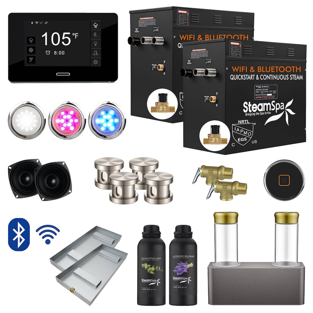 Black Series WiFi and Bluetooth 2 x 12kW QuickStart Steam Bath Generator Package with Dual Aroma Pump in Brushed Nickel
