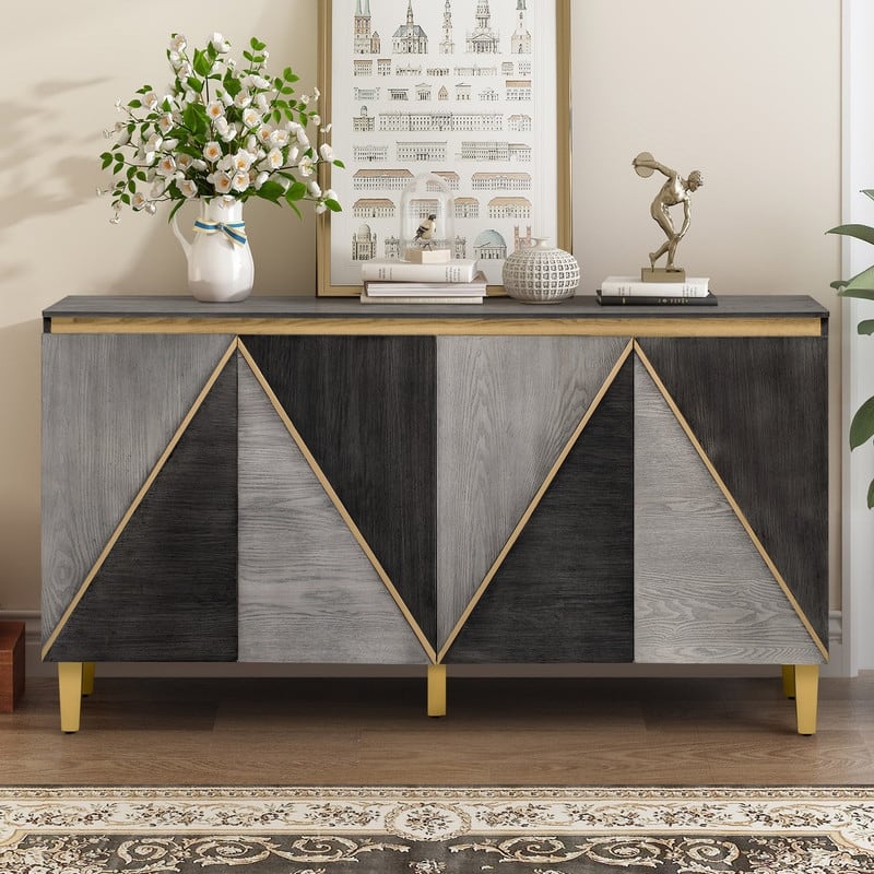 Retro 60" Buffet Cabinet with Storage, Vintage Sideboard with Dimensional Effect 4-Door - Grey