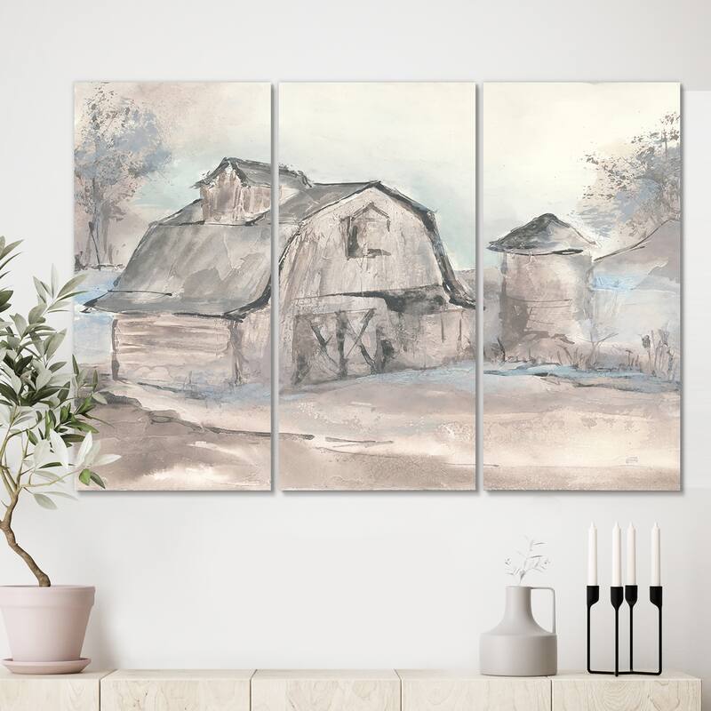 Designart "Farmhouse Barn Grey V" Modern Farmhouse Canvas Art - 36 in. wide x 28 in. high - 3 panels