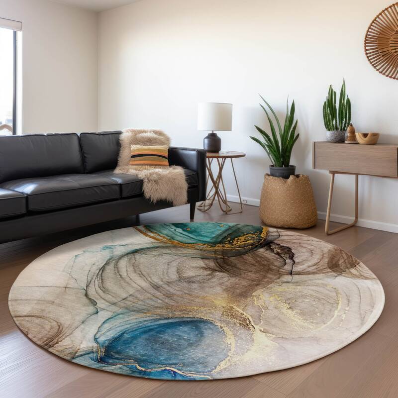 Premium Washable Super Soft Abstract Contemporary Mayfield Rug - Beige - 8' x 8' - Round