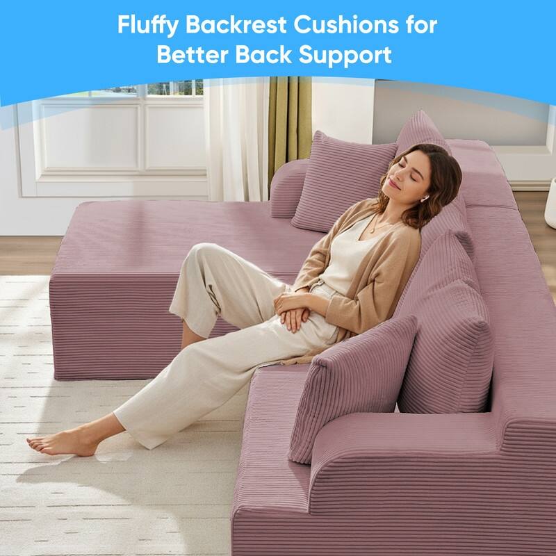 Mixoy 2-Pcs Free Combination Modular Sectional Sofas with Deep Seat,Corduroy L-Shaped Sofa with Chaise Lounge - 3-Seater