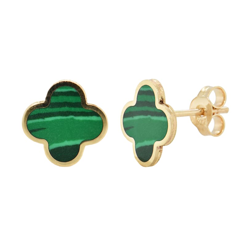 Italian Gold 14K Yellow Gold Medium Clover Stud Earrings - Made in Italy - Clover Size 10mm - Malachite