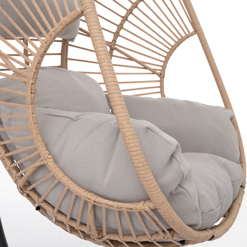 Wicker Swing Egg Chair - Indoor/Outdoor Hanging Chair with Beige Cushion and Stable Base (Handwoven PE Rattan Design)