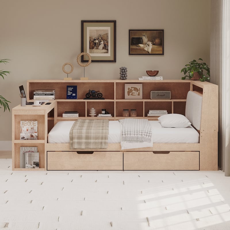 Twin Size Wooden Daybed with Desk and Storage Bookcase, Corner Bed with Headboard and Under-bed Drawers and LED Light