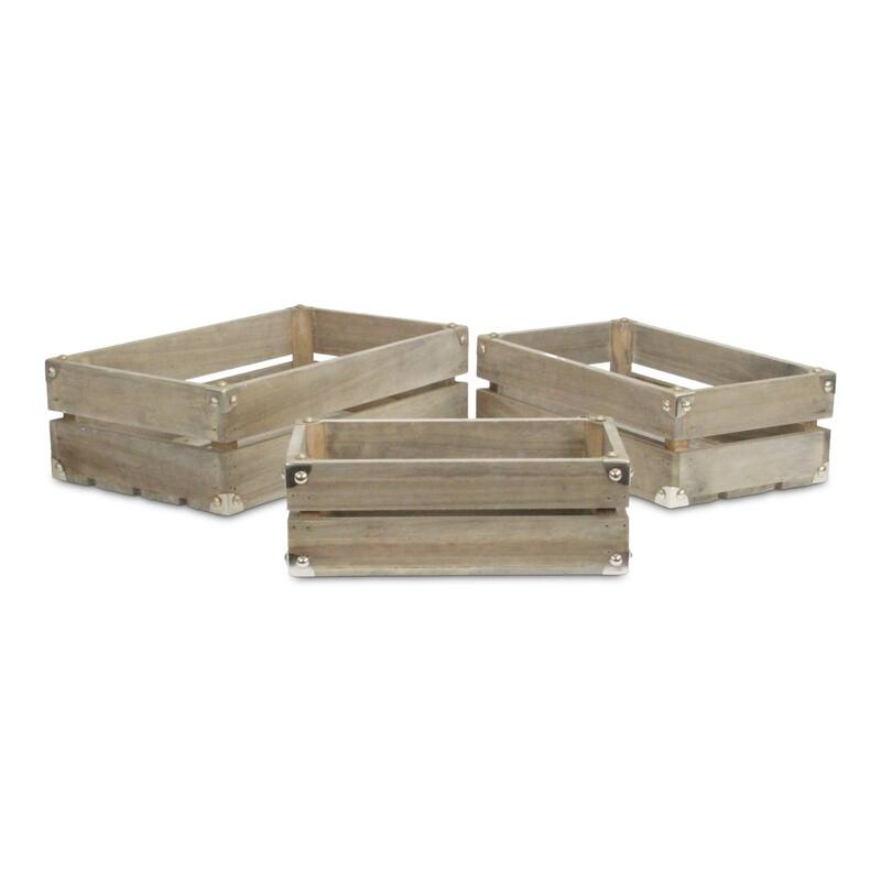 Rustic Farmstead Dark Brown Wooden Studded Crate Set - Grey