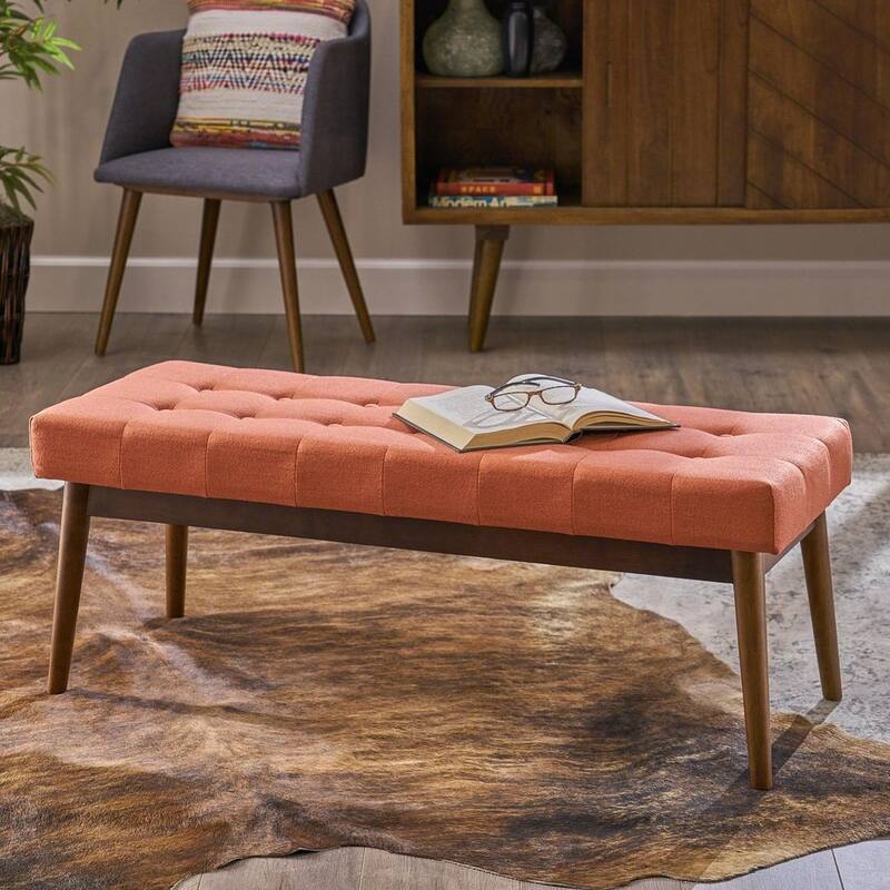Mid-Century Tufted Ottoman with Rubberwood Frame by Christopher Knight Home